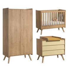 Chambre complète lit bébé 60x120 - commode à langer - armoire 2 portes Vintage - Bois Beige