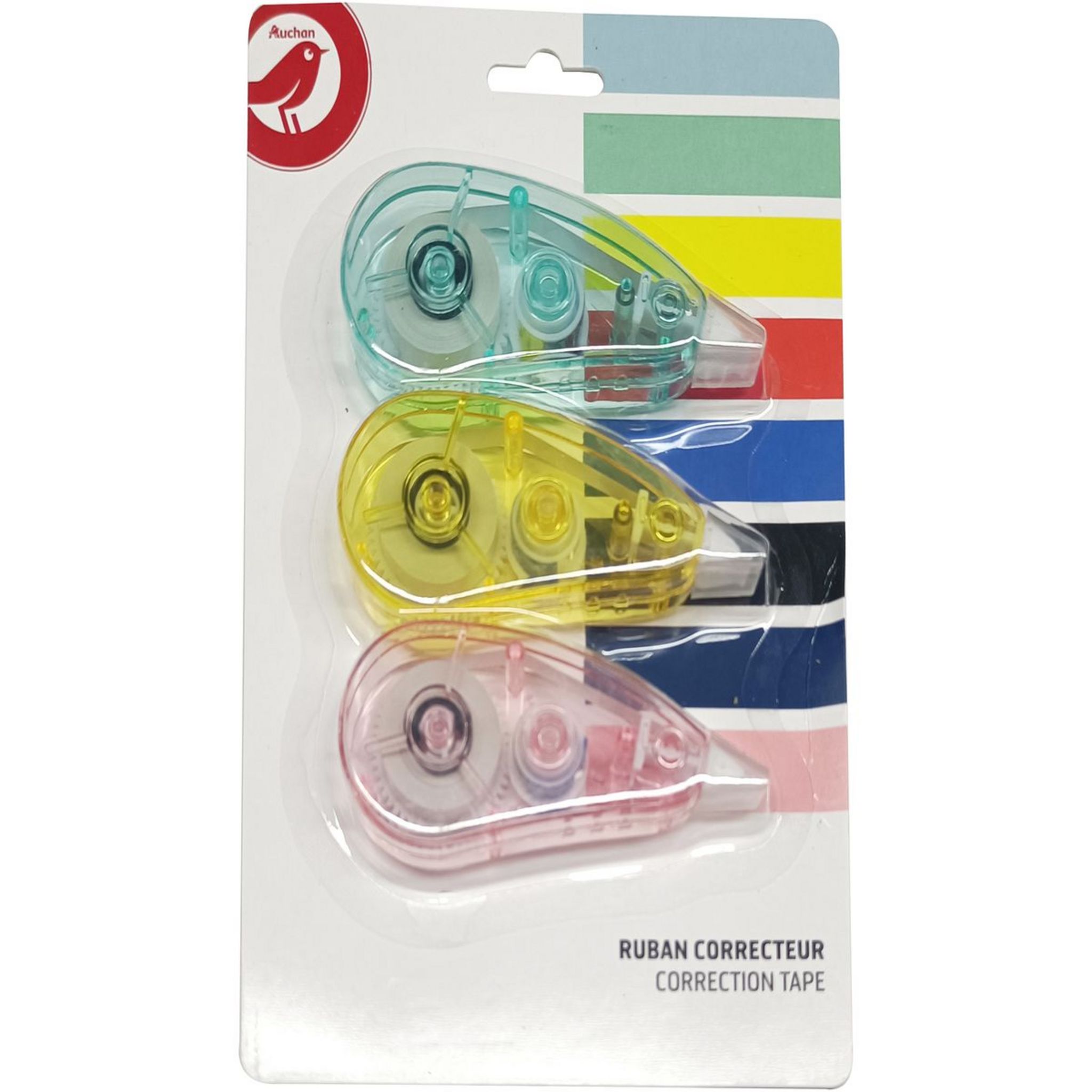 AUCHAN Lot de 3 mini souris correctrices 5m rose, vert et bleu pas