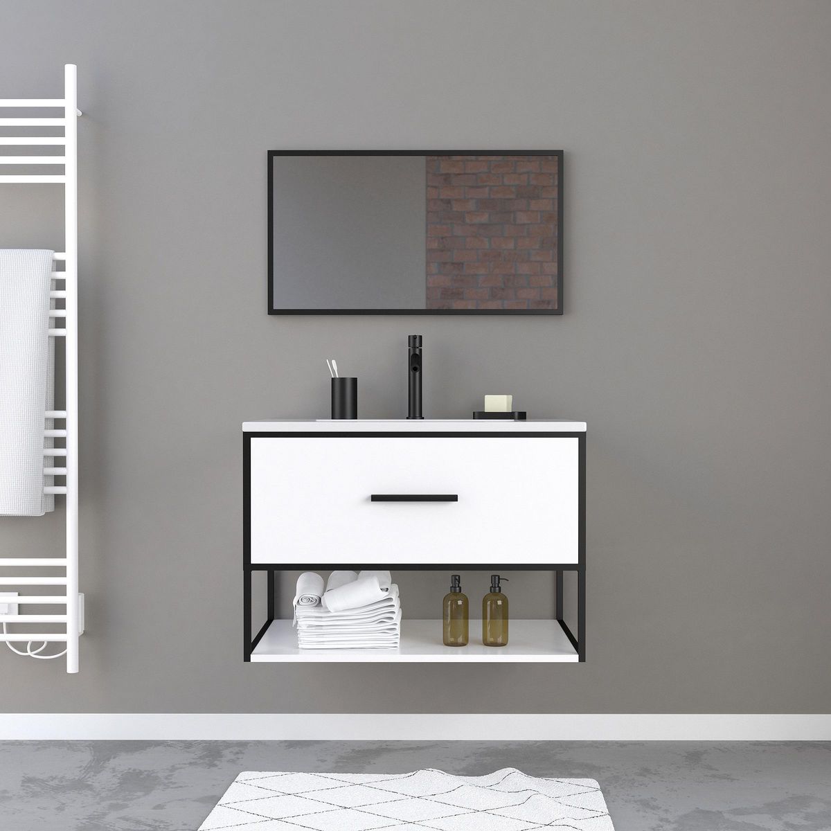 Aurlane Meuble de salle de bain blanc 1 tiroir + vasque céramique et miroir cadre noir mat - THINK 80