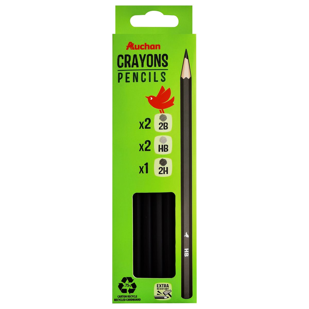 AUCHAN Lot de 5 crayons graphite HB / 2B / 2H
