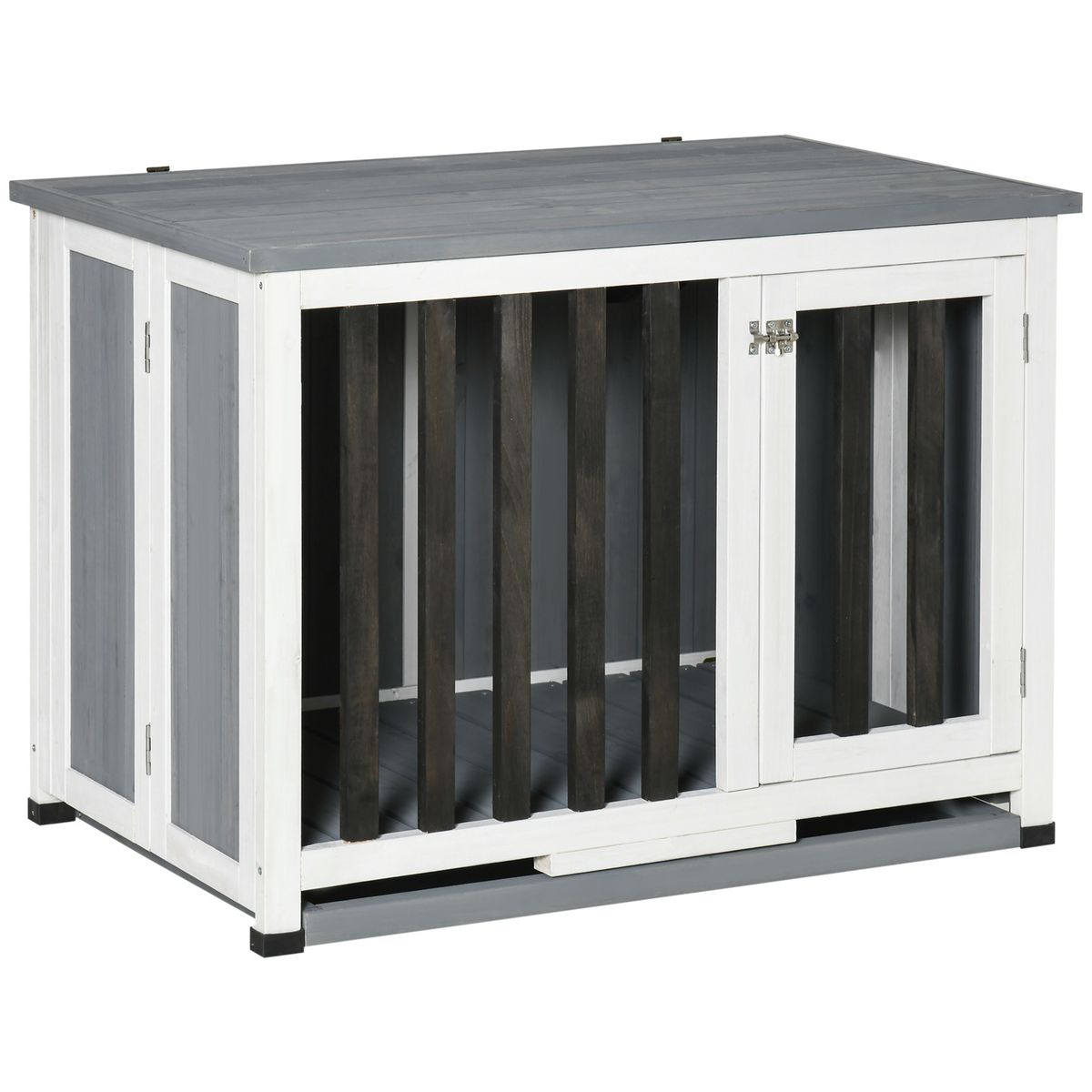 PAWHUT Cage pour chien animaux pliable dim. 84L x 51l x 61H cm porte verrouillable toit ouvrant plateau déjection bois sapin gris blanc noir