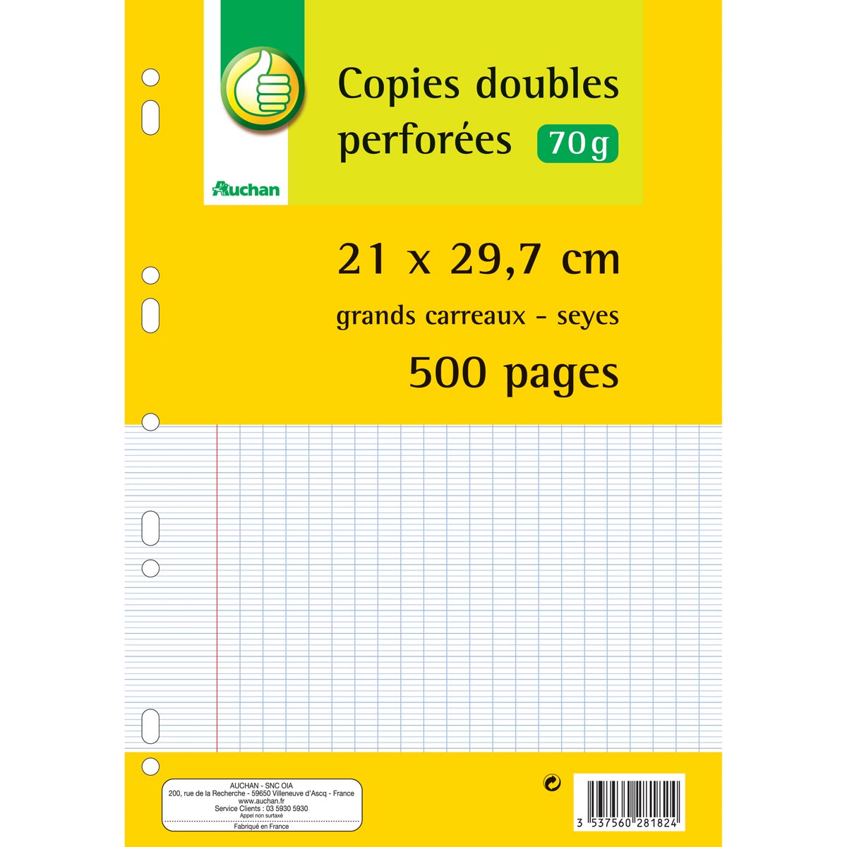 Copies doubles 200 pages perforées A4 - grands carreaux - 70g