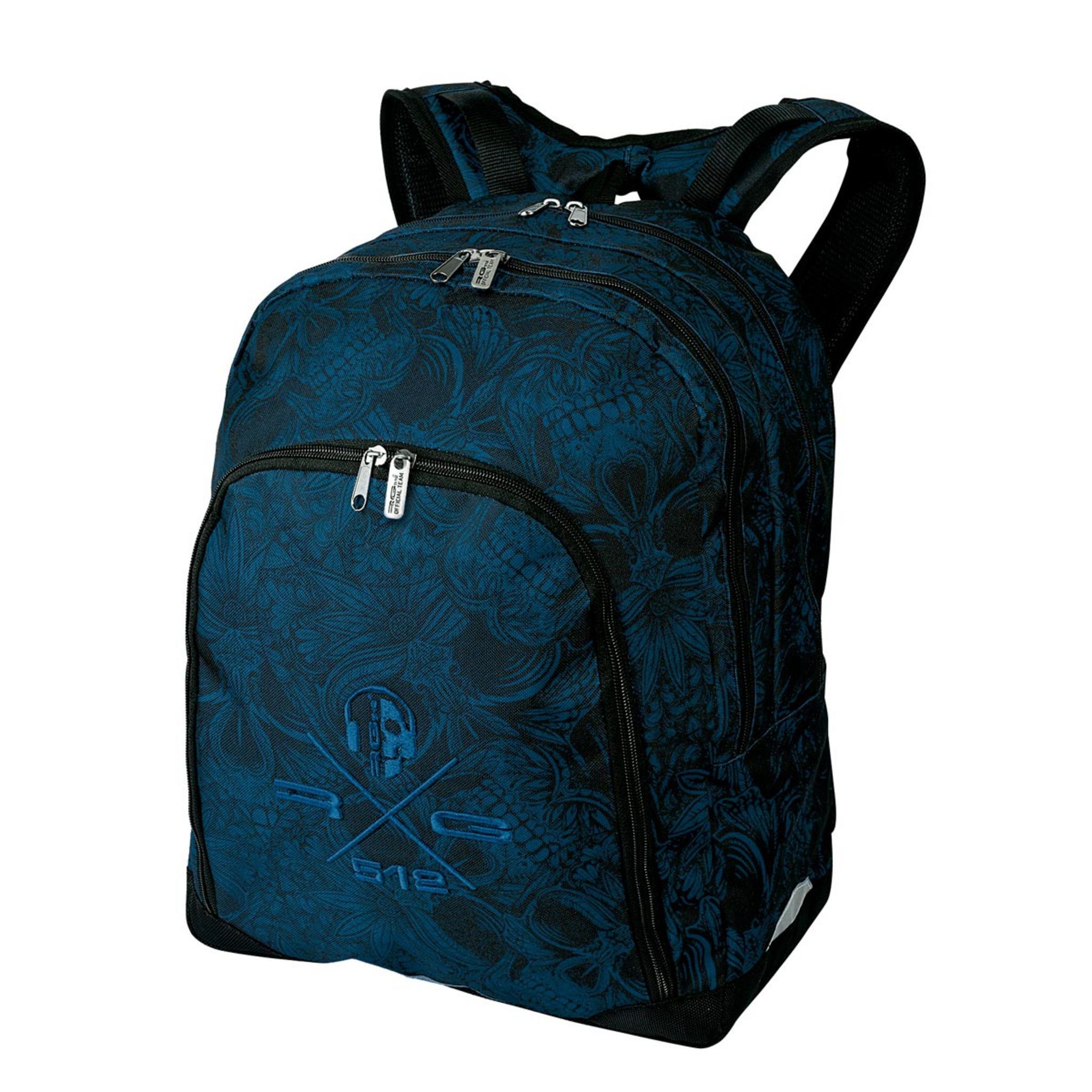 Sac a dos 2 compartiments poche avant garcon RG512 bleu et noir motif tetes de mort pas cher Auchan