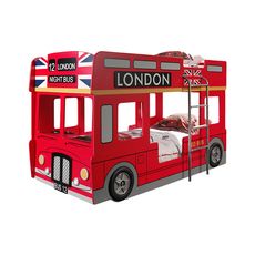 Lit superposé 90x200 Bus Londonien sommier inclus et Armoire 2 portes Car Beds - Rouge