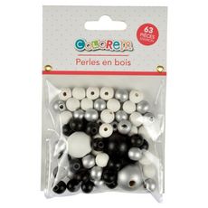 Lot de 63 Perles Rondes  Bois  1-2cm Argent & Noir