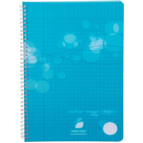 Cahier polypro A4 100 pages grands carreaux Seyes à spirale bleu motif ronds