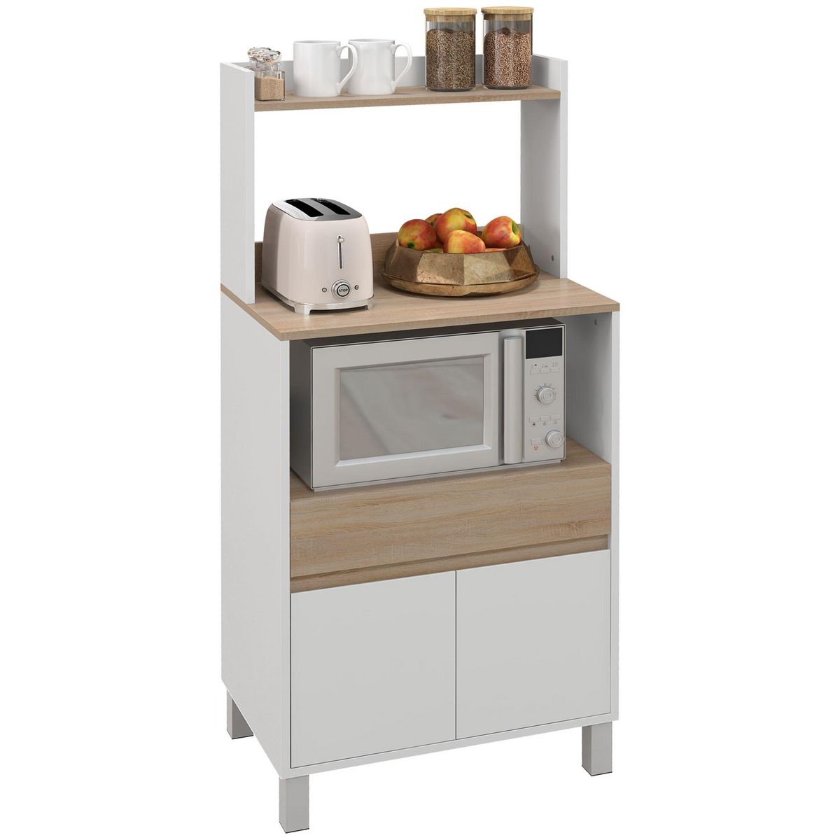 HOMCOM Meuble de rangement desserte de cuisine pour micro-ondes avec  placard tiroir étagère supérieur 60 x 40 x 131 cm naturel et blanc pas cher  