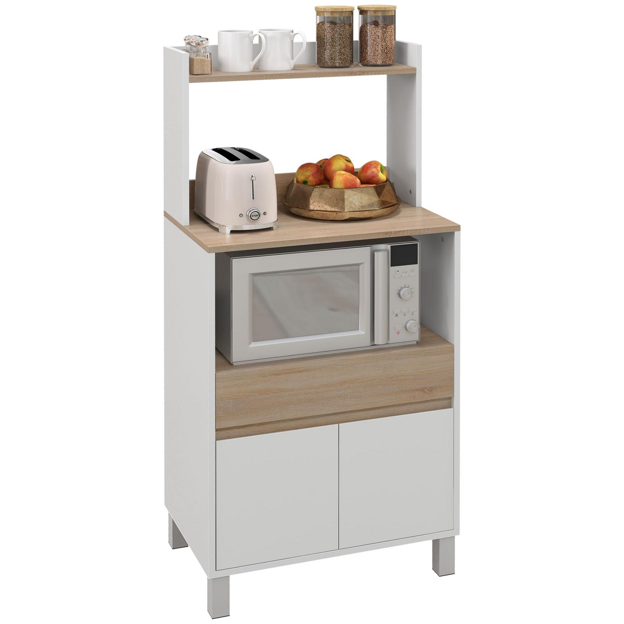 Meuble micro-ondes pour cuisine - tiroir, 3 portes, niche - dim. 90L x 40l  x 82H cm - MDF blanc