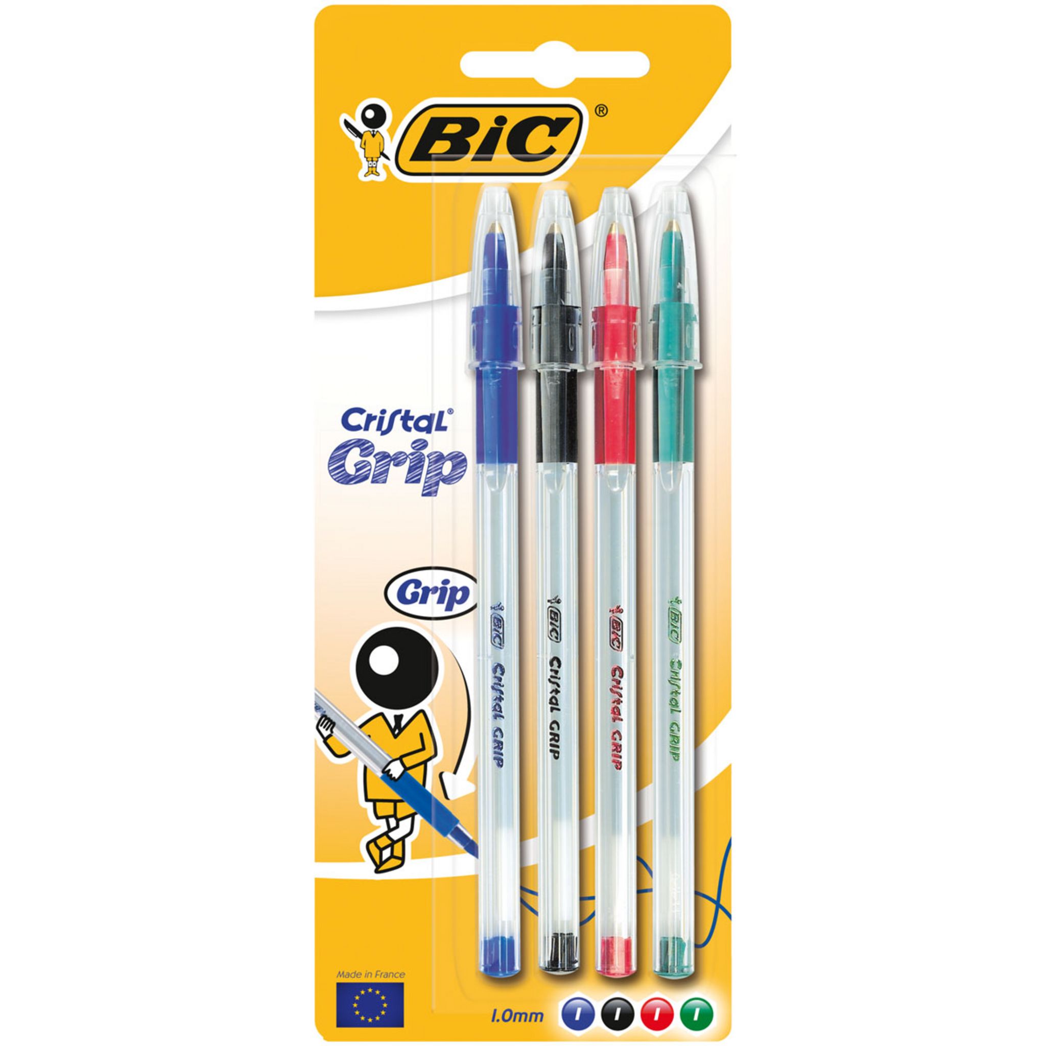 BIC CRISTAL - Lot de 4 Stylos à bille bleu, rouge, vert, noir à capuchon