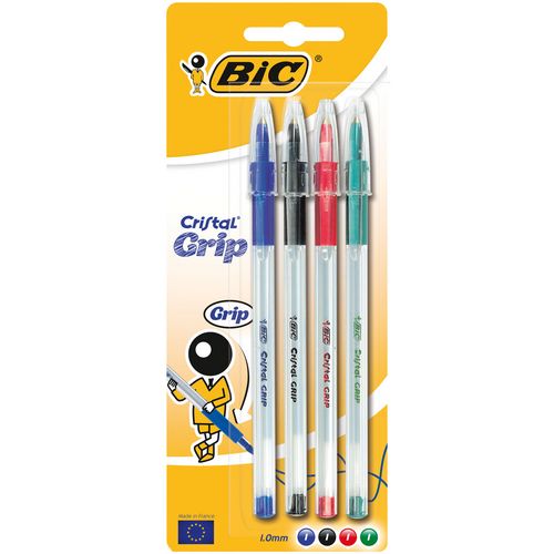 Lot de 4 stylos bille pointe moyenne bleu/noir/rouge/vert CRISTAL GRIP
