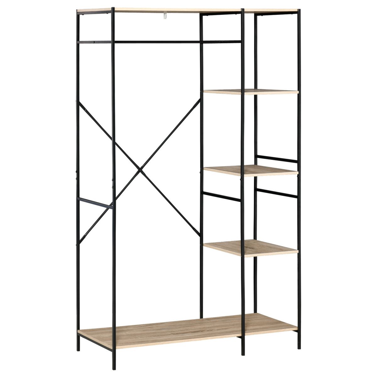 Portant Meuble Rangement pour Vêtements Penderie Ouverte en Acier et MDF,  Porte-vêtements pour Salon, Chêne + noir