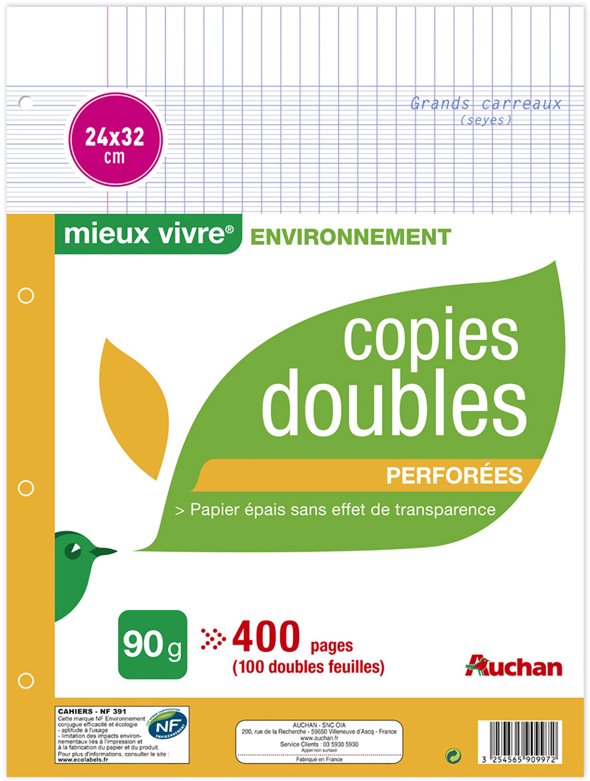 AUCHAN Lot de 100 copies doubles 24x32cm Seyes perforées pas cher