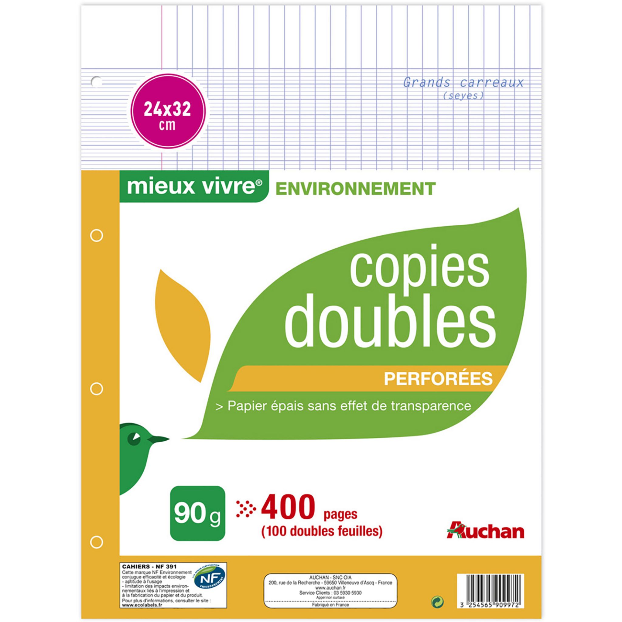 AUCHAN Lot de 100 copies doubles 24x32cm Seyes perforées pas cher