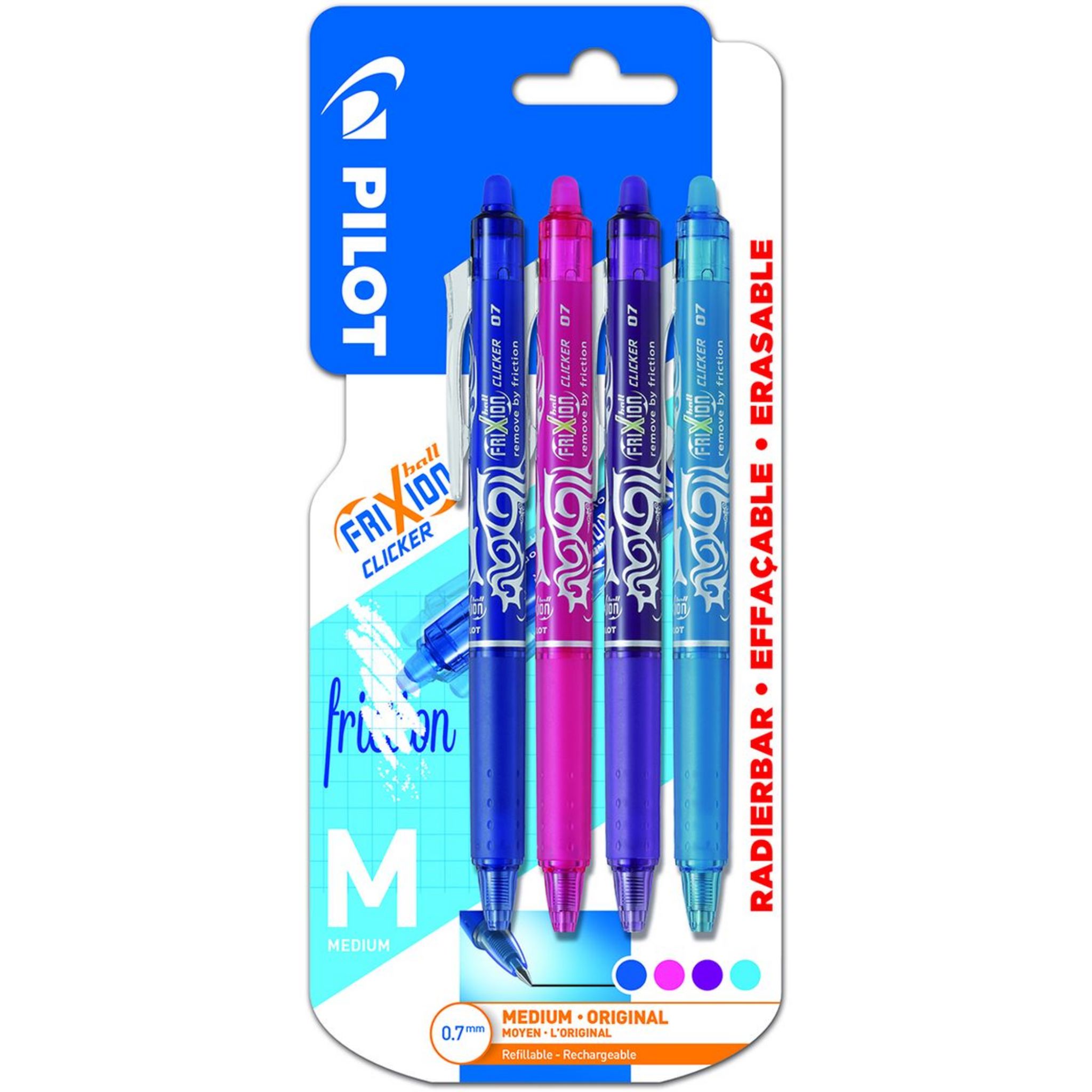 FriXion Ball Stylo roller encre gel effaçable pointe moyenne 0,7 mm - 4  couleurs assorties (Turquoise, Rose, Violet, Marron) - La Poste