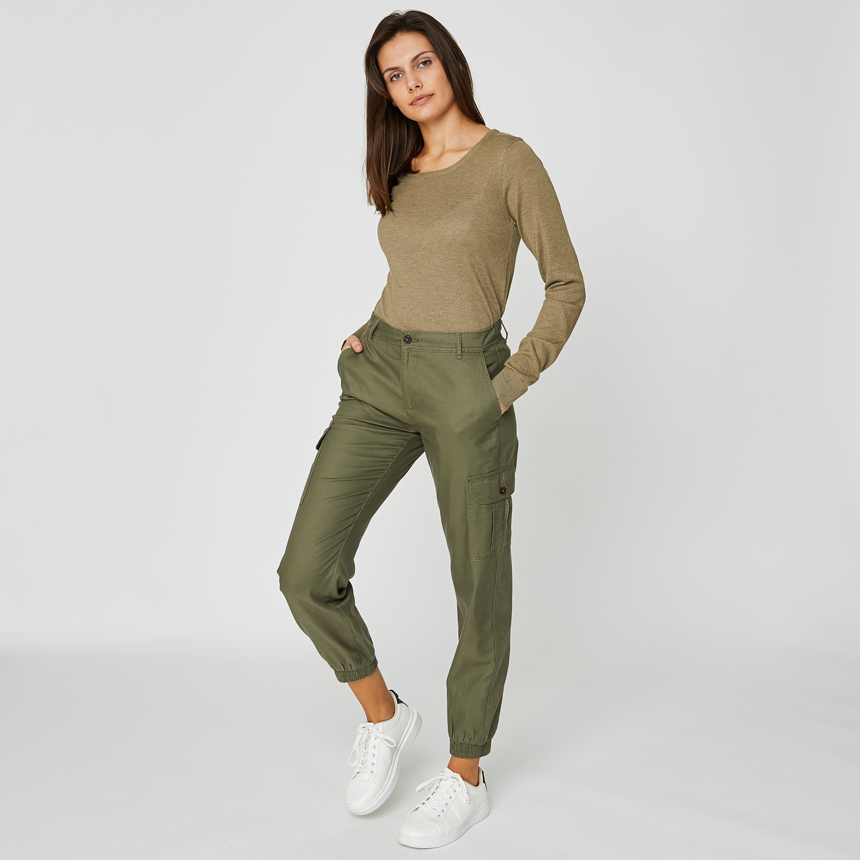 INEXTENSO Pantalon détente vert kaki femme pas cher 