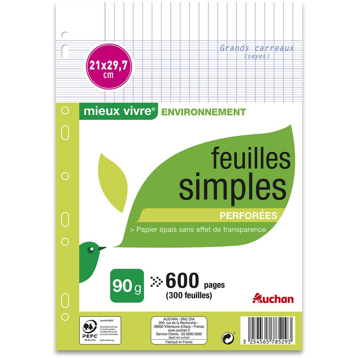 AUCHAN Feuilles simples 600 pages 21x29,7cm grands carreaux Seyes perforées  pas cher 