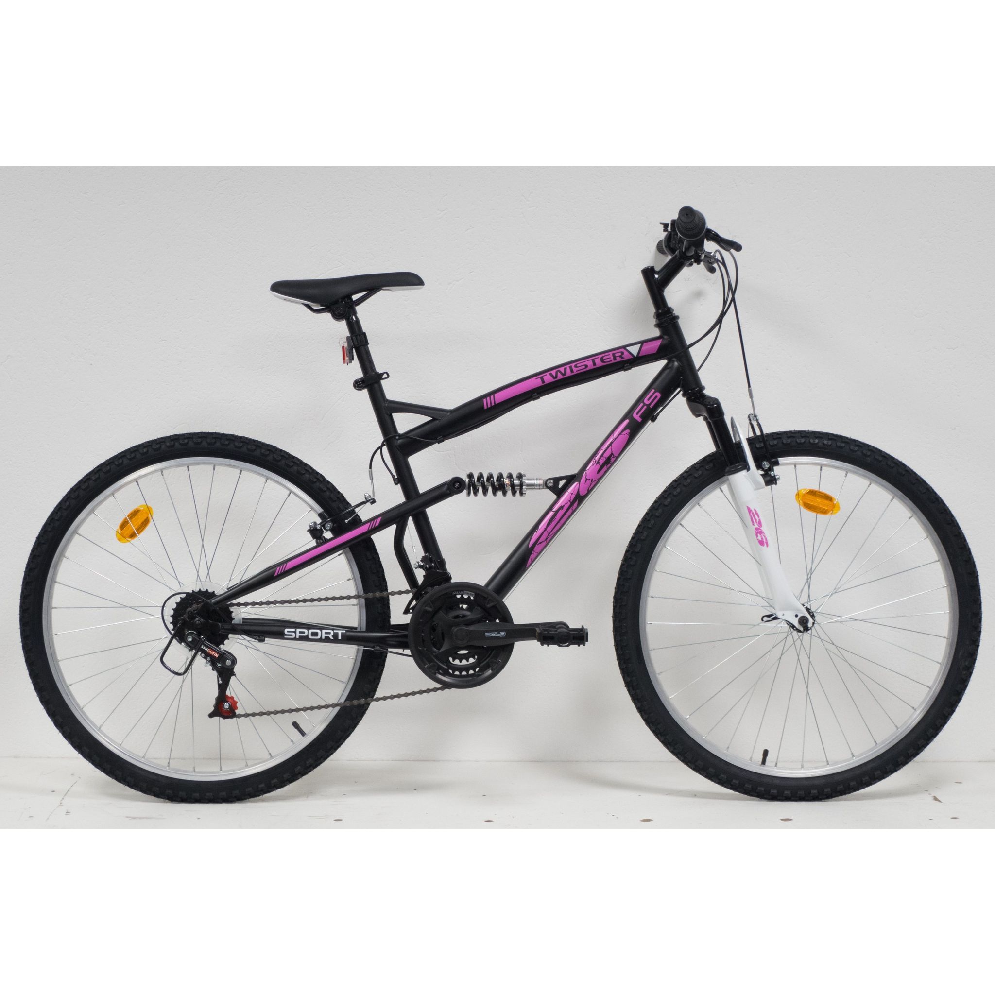 VTT 26'' Tout Suspendu Femme e /Neon - Cadre acier - Double Freins à  Disque - Potence Head set - Dérailleur arrière Shimano Tourney TY300 -  Poignées à Gâchettes Shimano ST-EF500 pas cher 