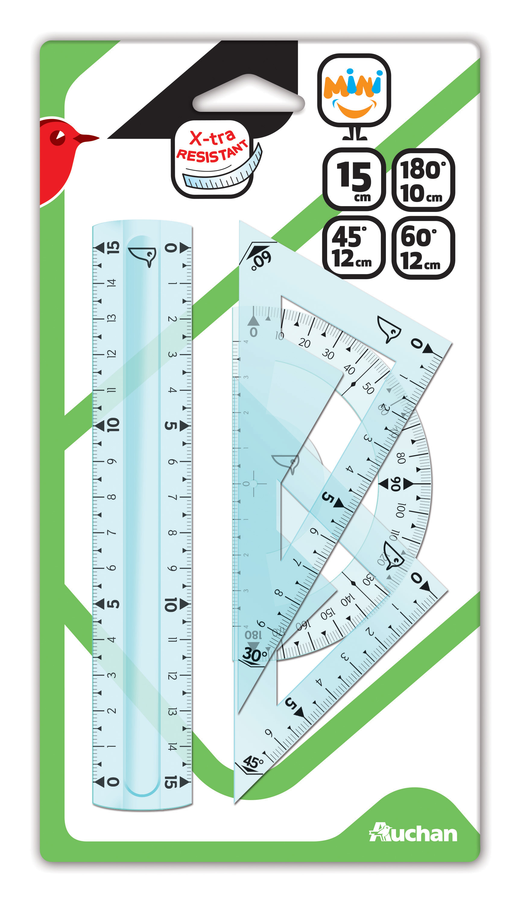 AUCHAN Kit de traçage 4 pièces régle + équerre + triangle + rapporteur  incassable Bleu pas cher 