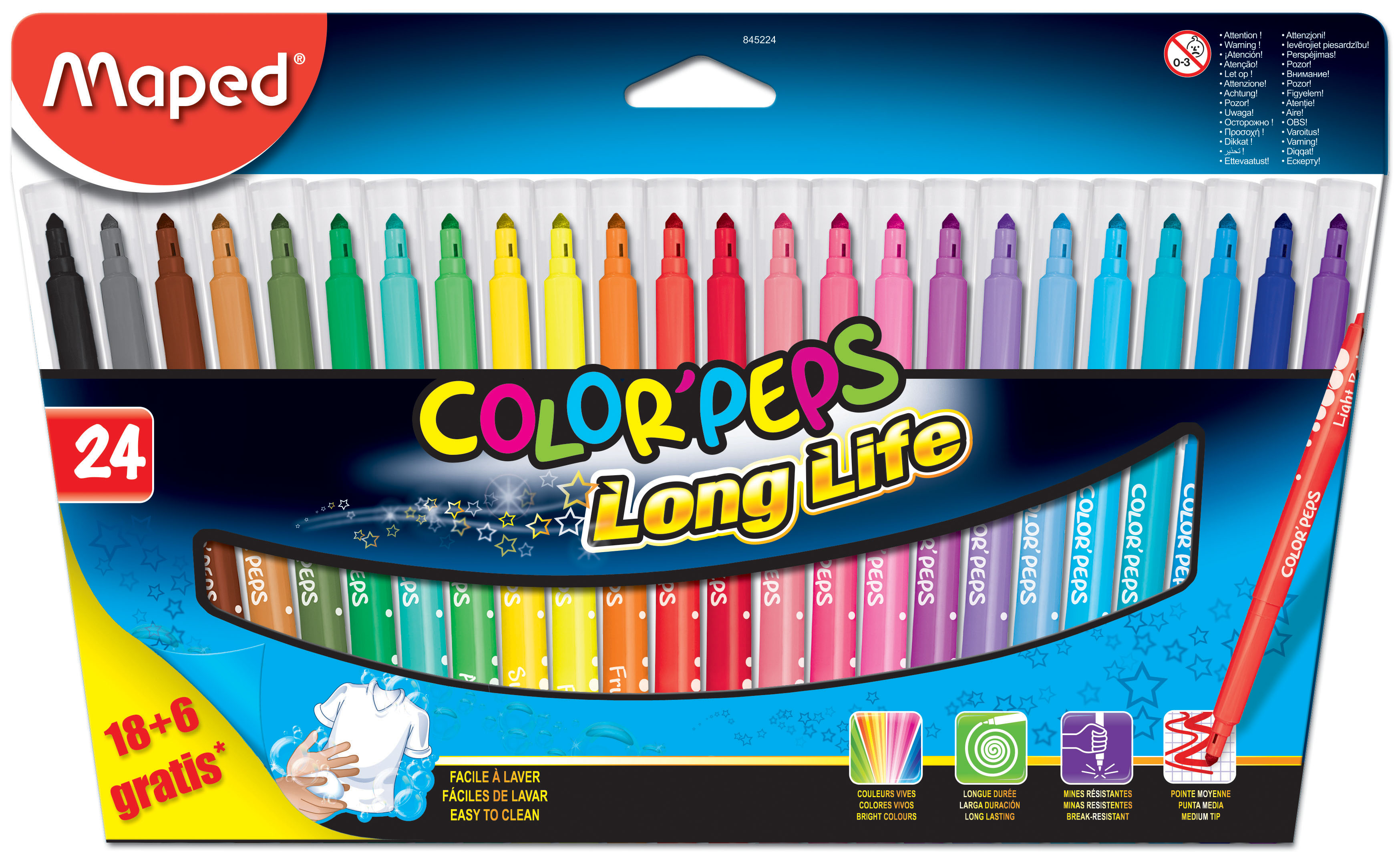 MAPED Boite de 18+6 feutres de coloriage lavables pointe moyenne