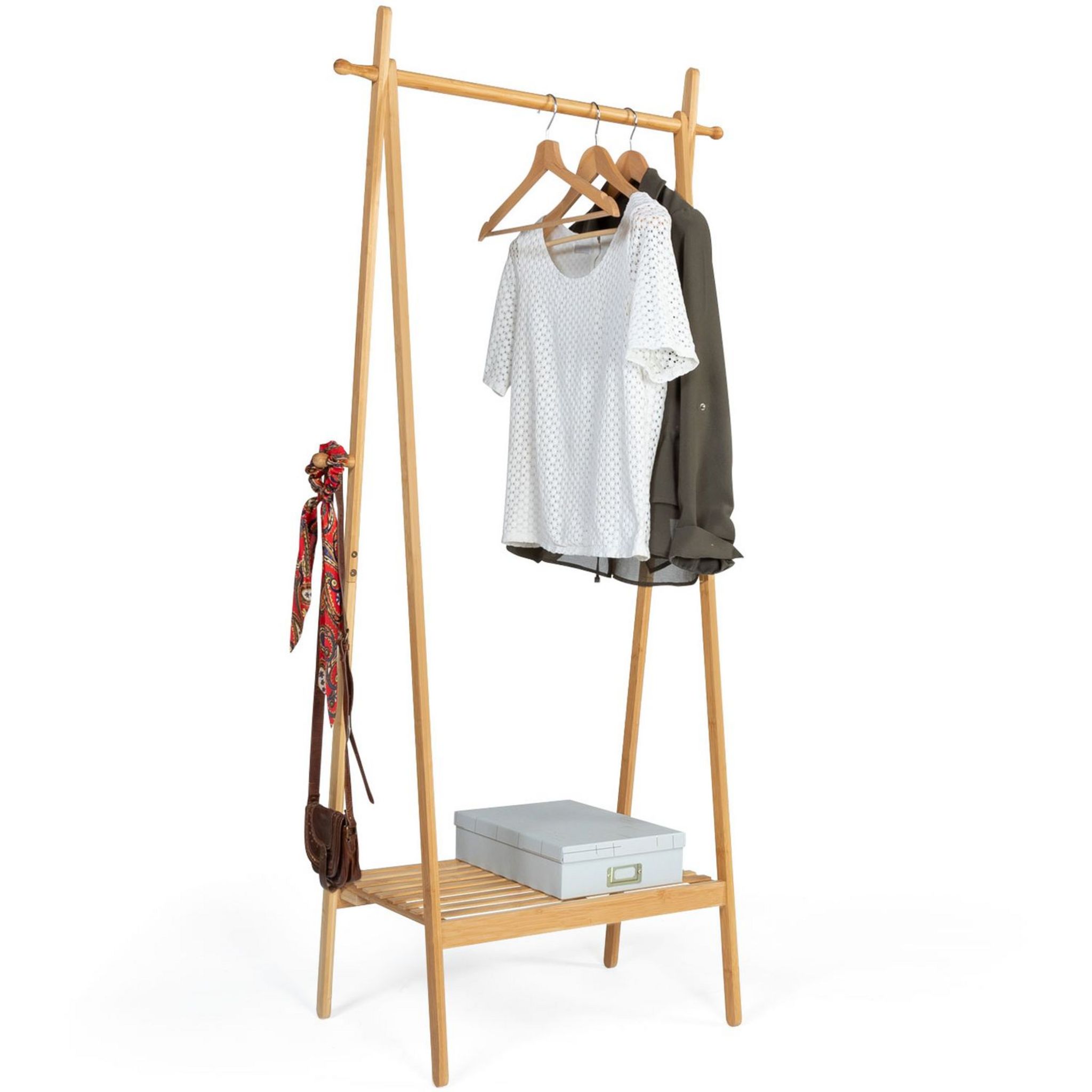 Relaxdays Portant pliable en bambou, penderie porte vêtements, HLP : 170 x  100 x 56,6 cm, tringle et étagère, nature