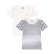 PETIT BATEAU Lot de 2 t-shirt manches courtes marinière enfant. Coloris disponibles : Blanc