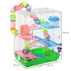 Cage pour hamster souris rongeur 4 étages avec tunnels mangeoire roue maison échelles dim. 46L x 30l x 58H cm cm vert