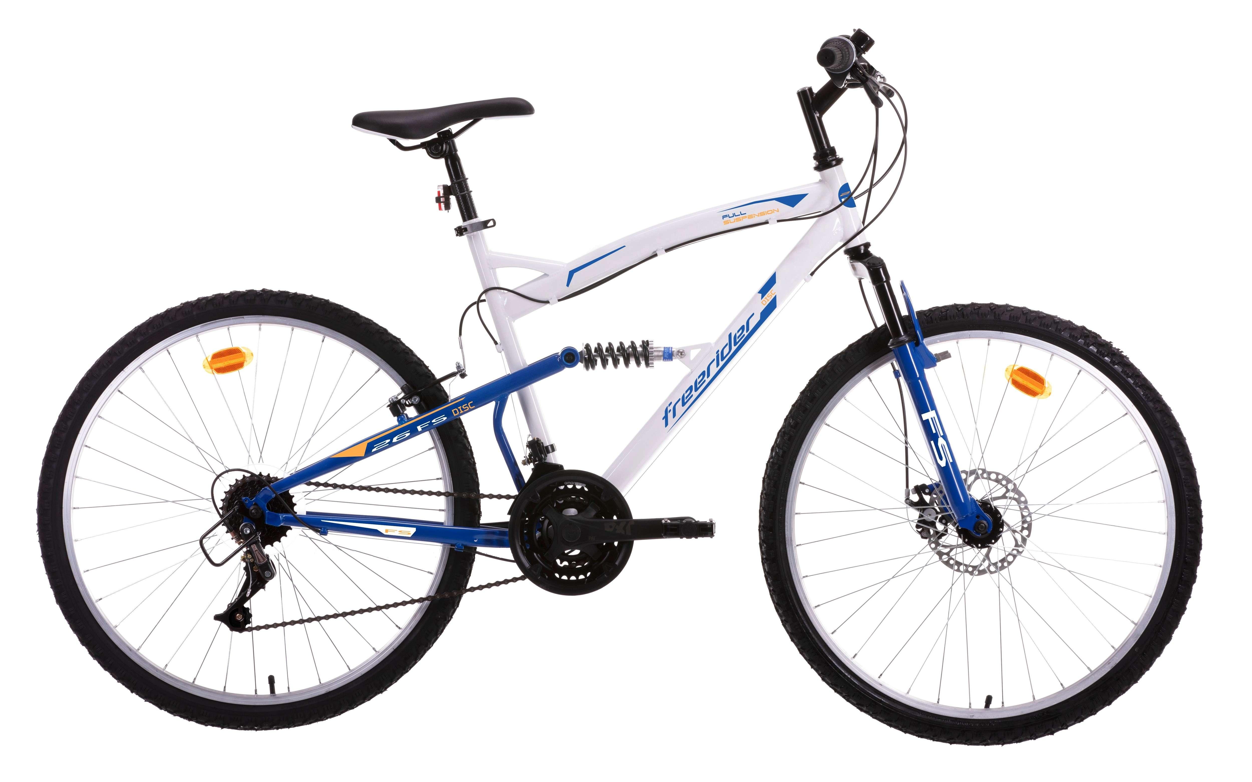 FREERIDER VELO VTT 26 Tout suspendu Homme Freerider Fourche telescopique Frein a disque avant et V Brake a l arriere 21 Vitesses Shimano pas cher Auchan