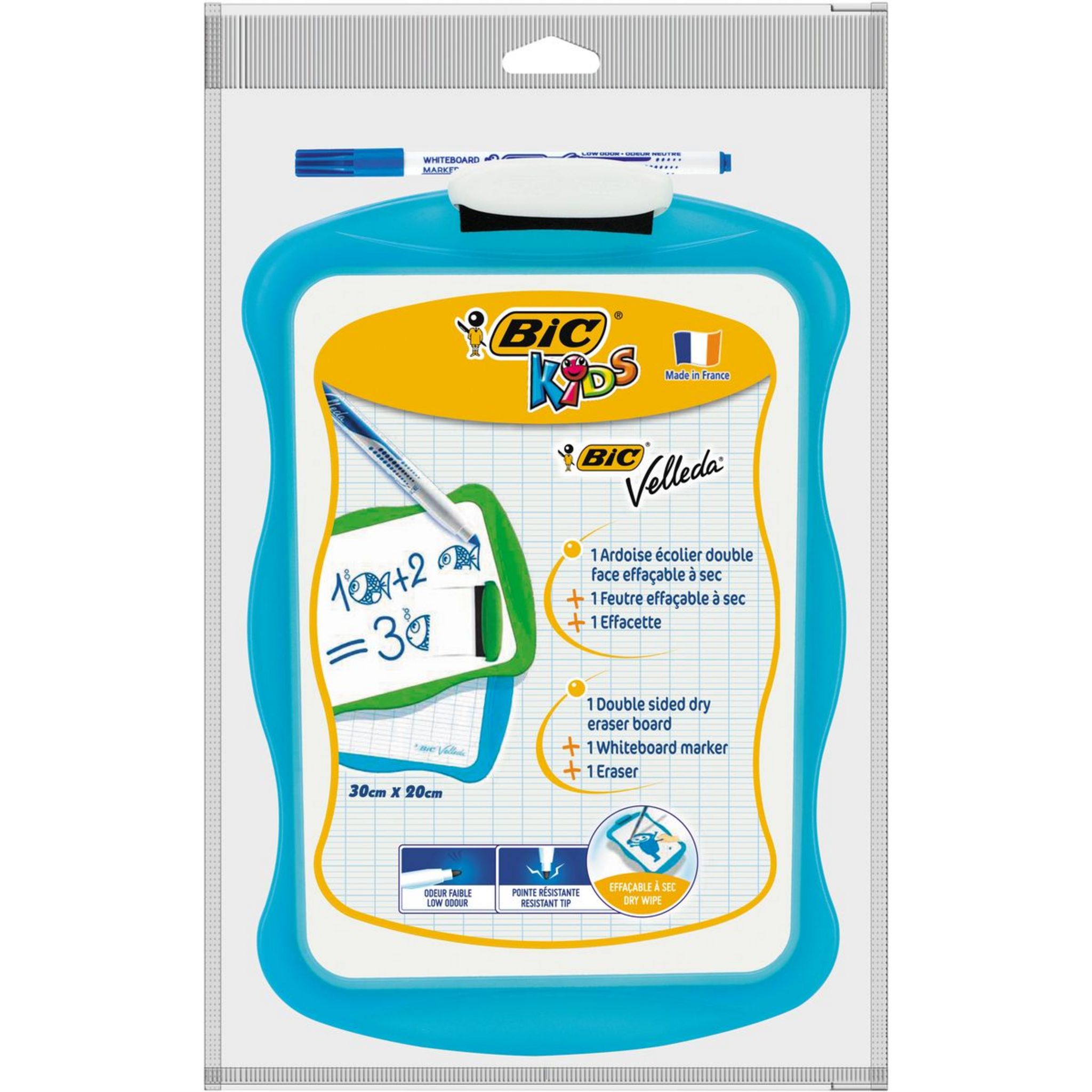 BIC Ardoise blanche 20x31cm bords bleus + 1 feutre + 1 effacette pas cher 