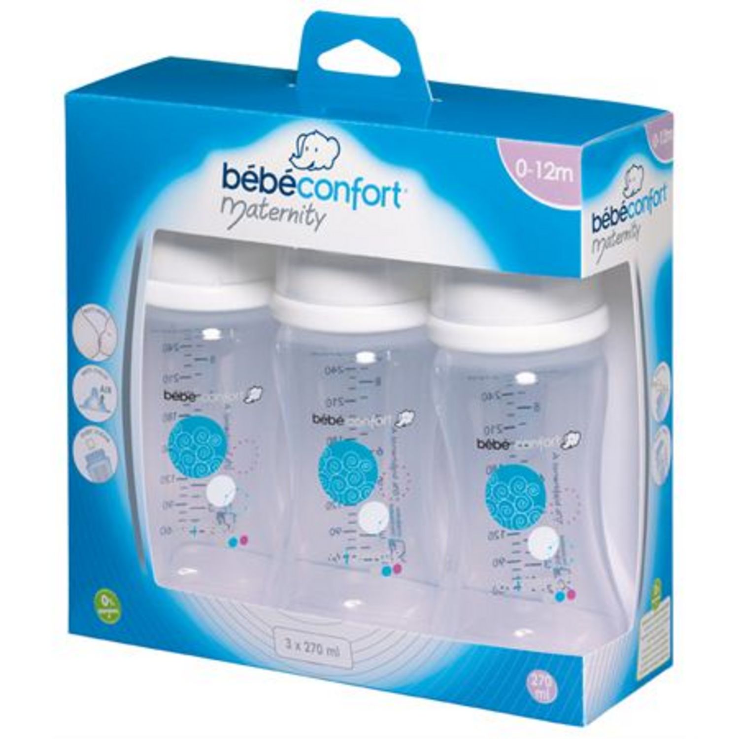 BEBE CONFORT BIBERON MATERNITY 270 ML BLEU AVEC POIGNÉES sur