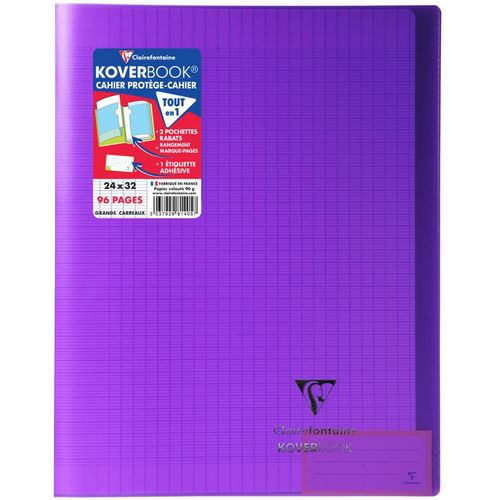Cahier piqué polypro Koverbook 24x32cm 96 pages grands carreaux Seyes violet transparent
