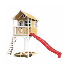 Axi House AXI Maison enfant sur pilotis ROMY Brun Blanc avec toboggan Rouge et bac à sable