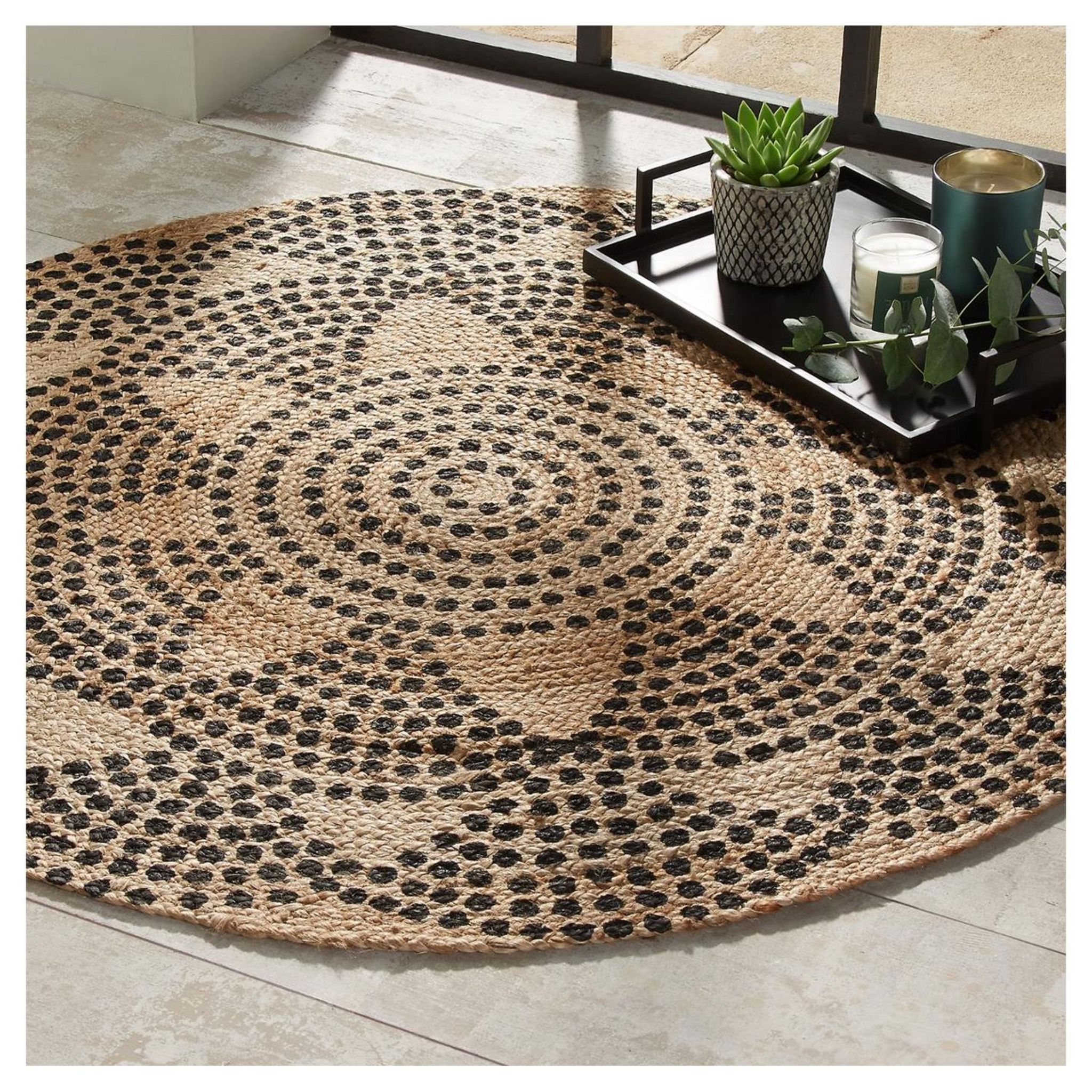 ATMOSPHERA Tapis d co rond en jute imprim motifs rosace pois