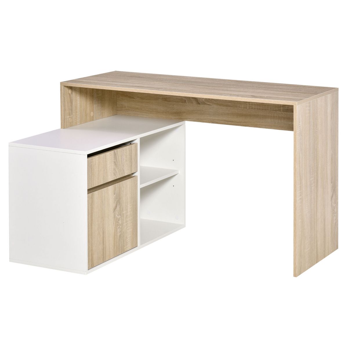 Bureau droit Homcom Bureau d'angle bureau informatique multimédia  modulable multi-rangement aspect chêne clair blanc