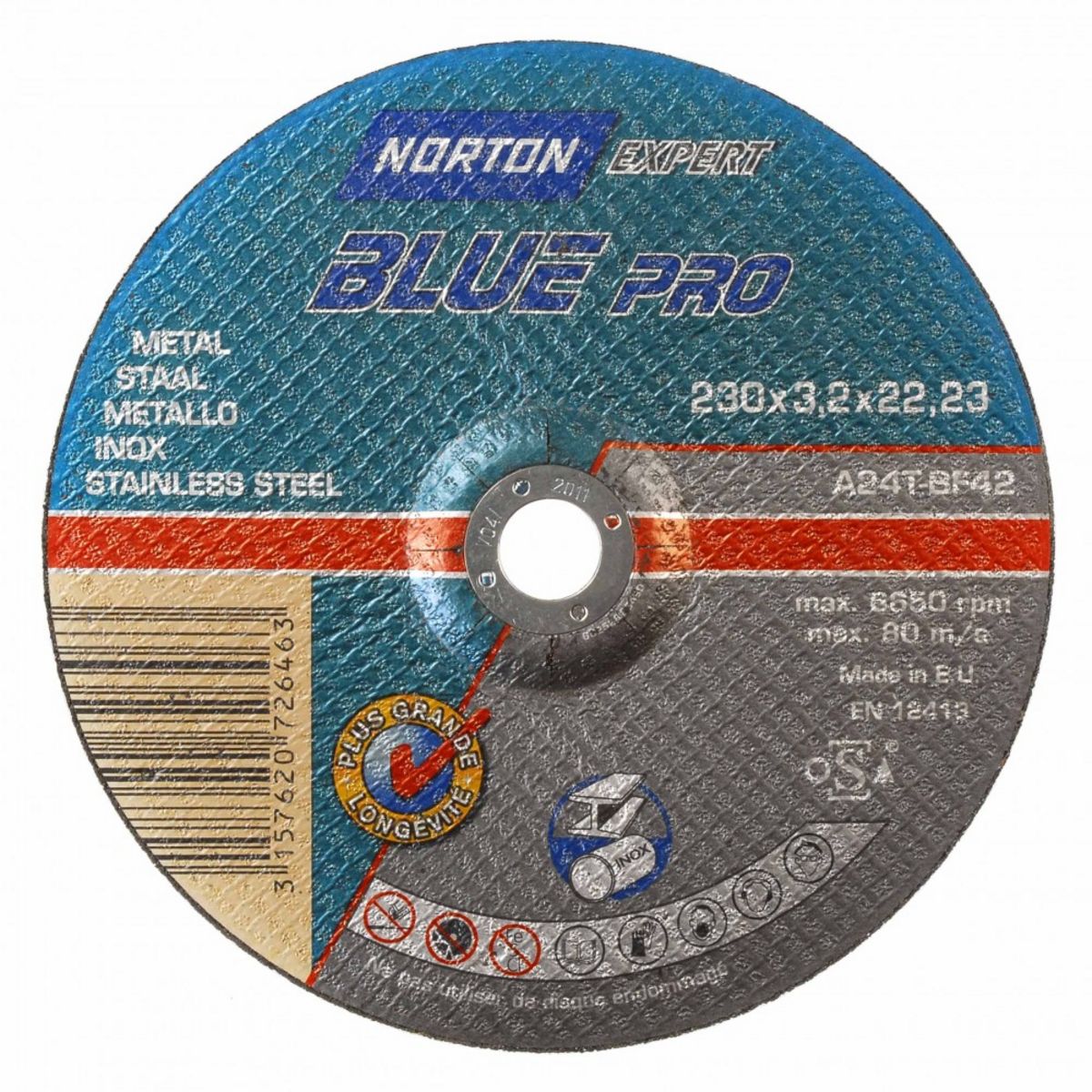 Norton Disque métal pour meuleuse NORTON, Diam.230 x Ep.2.5 mm