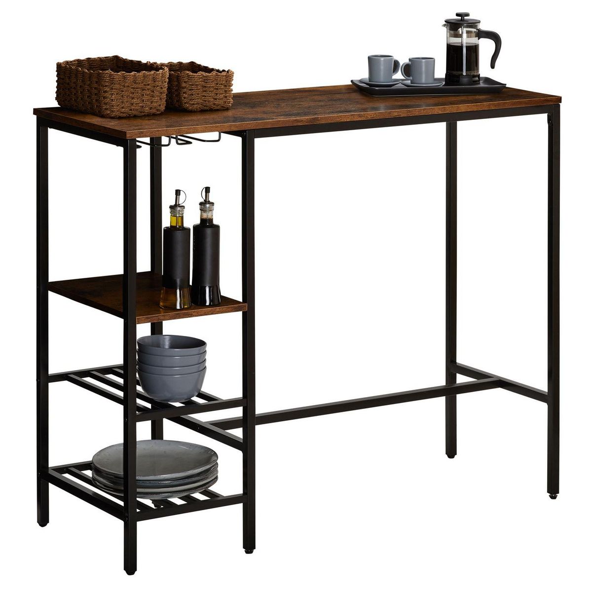 IDIMEX Table haute de bar NELAS en métal avec plateau en fibres de bois, mange-debout comptoir couleur brun rustique