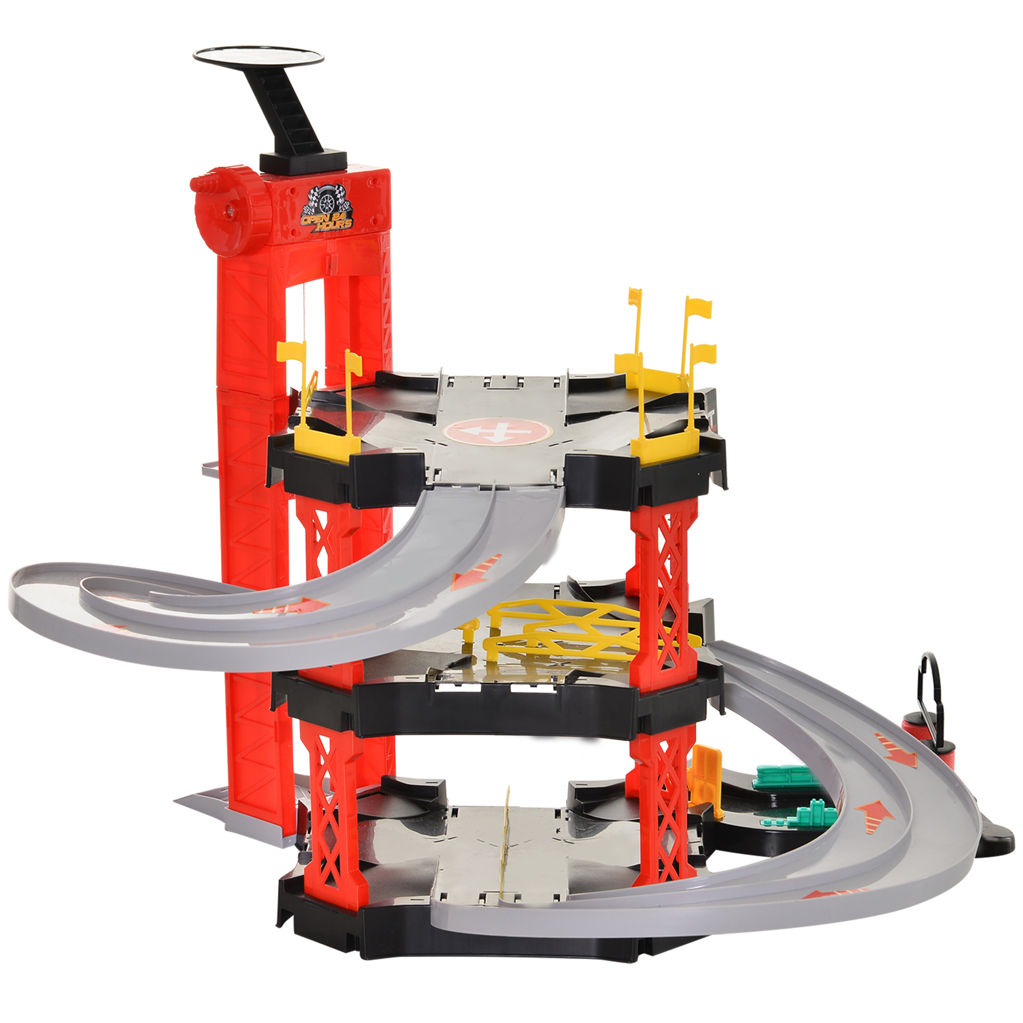 HOMCOM Garage parking voitures enfant - 5 niveaux, 4 voitures, 1  hélicoptère - ascenseur manuel, station-service, pont élévateur - PP ABS  bleu rouge jaune pas cher 