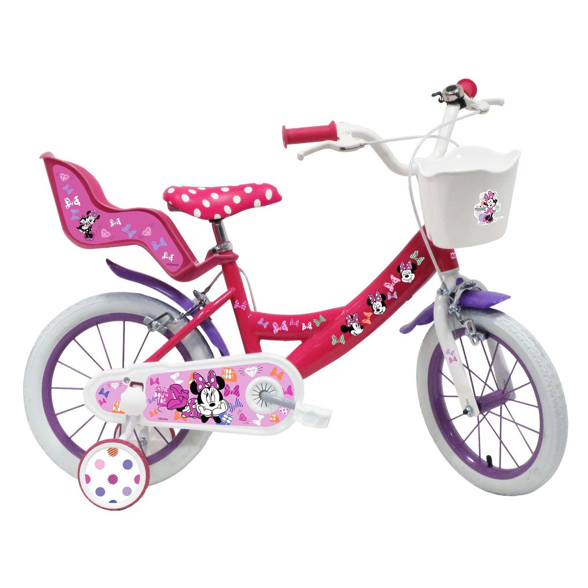Vélo 14 Fille Licence Minnie pour enfant de 4 à 6 ans avec stabilisateurs à  molettes - 2 freins